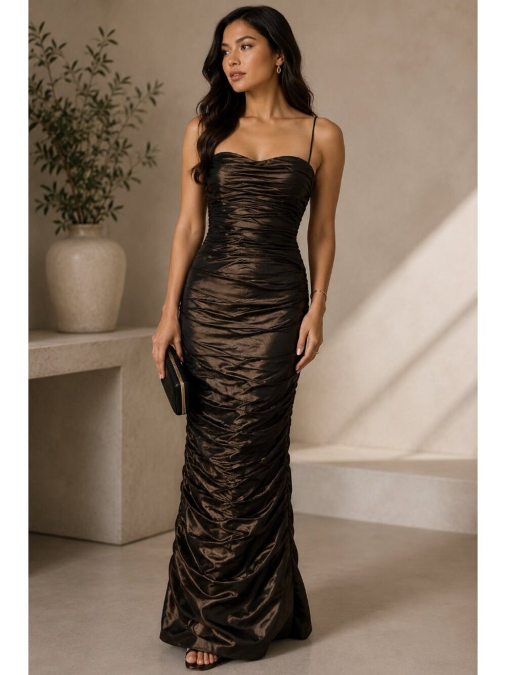 Teri Jon Rickie Freeman Dark Bronze Ruched Evening Gown Maxi Dress Size 8 Formal